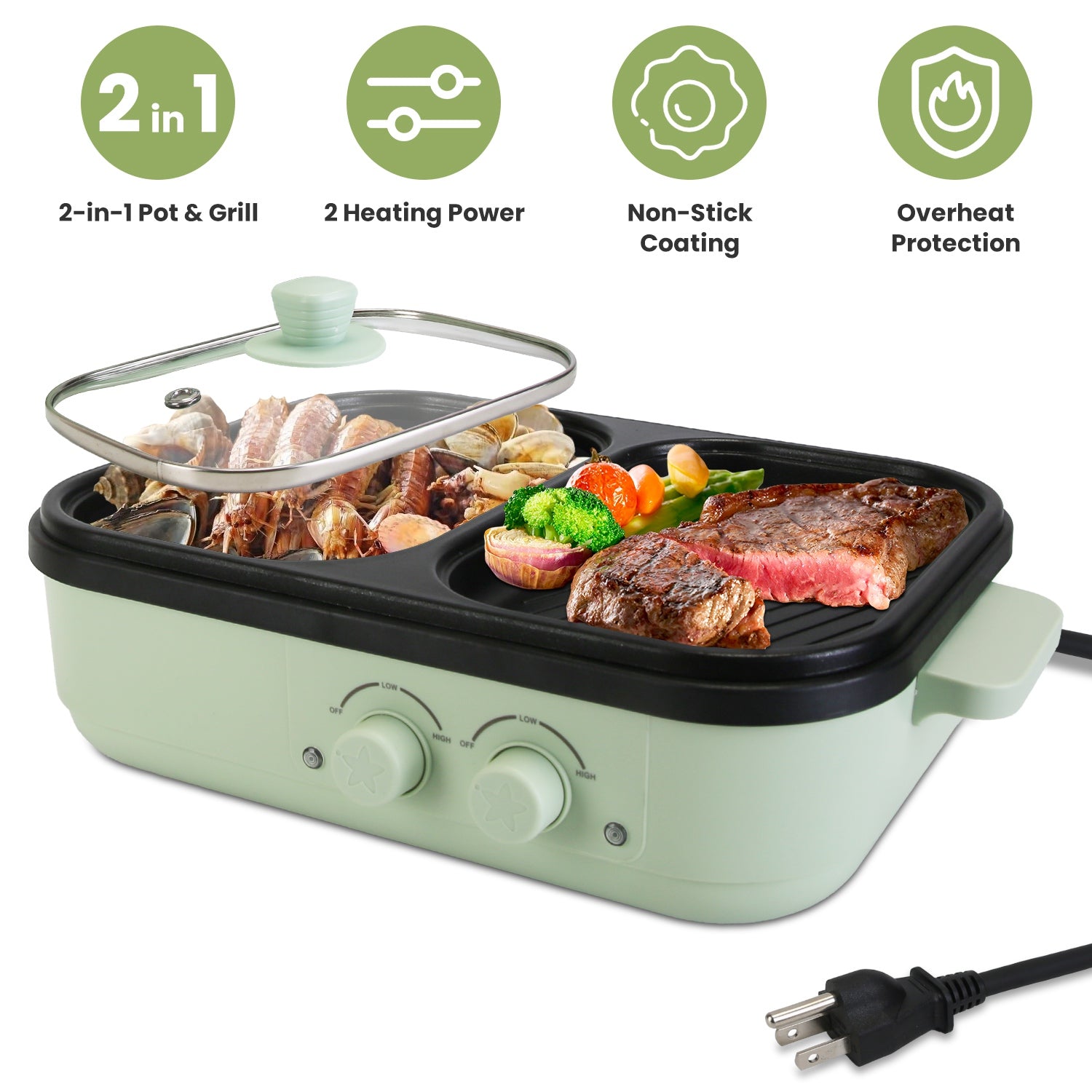2-in-1 Electric Hot Pot & Grill Non-Stick Portable Cooker