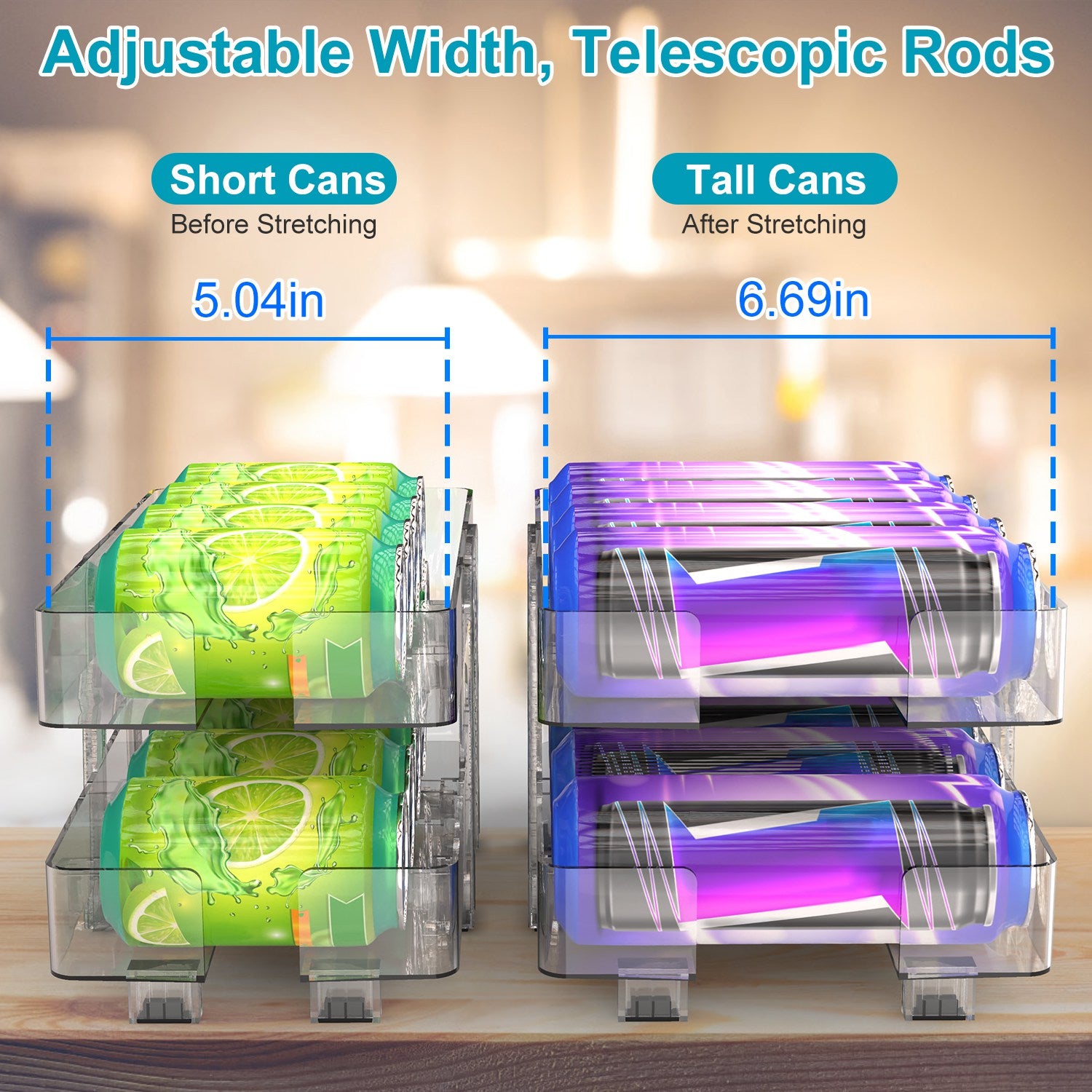 2 Pack Adjustable Soda Can Organizer 2 Tier Auto Rolling