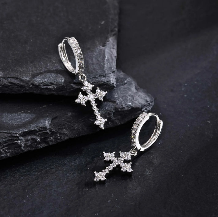 Luxury Zircon Cross Dangle Hoop Earrings for Men Stylish