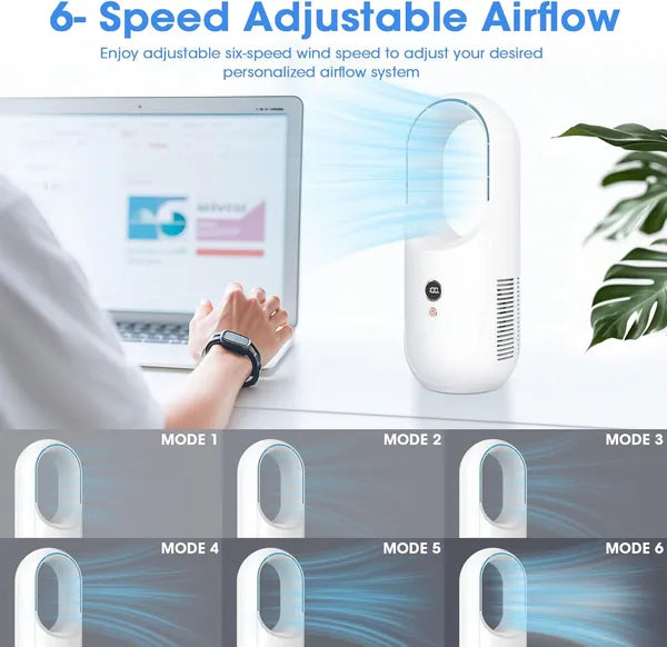 Portable Bladeless Desk Fan Rechargeable 6 Speed Quiet Cooling