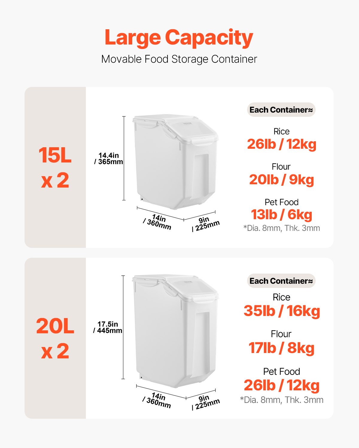 4 Pack Airtight Ingredient Storage Containers 3.5 & 4.5 Gallon