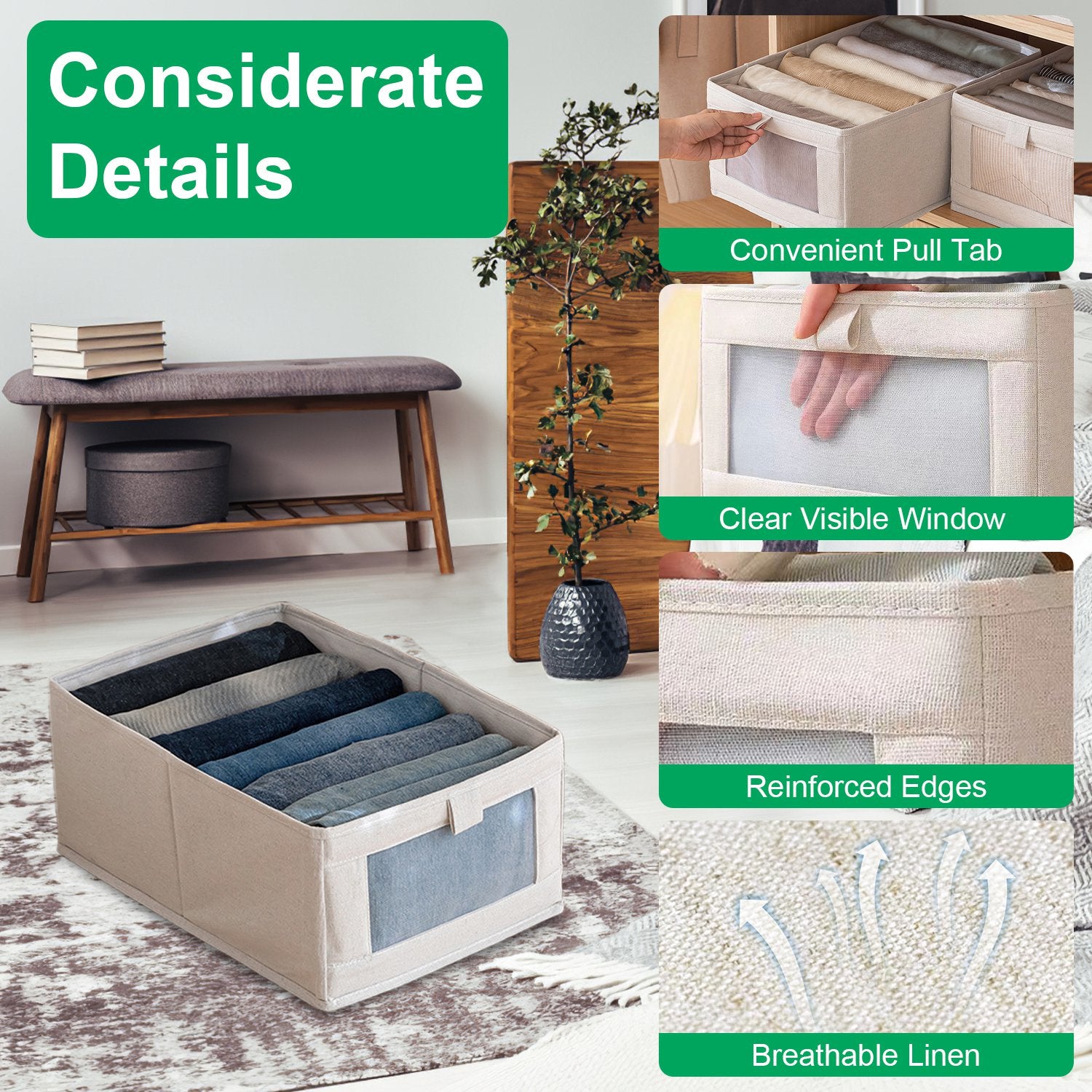 4Pcs Foldable Linen Storage Bins with Clear Window Closet Organizer