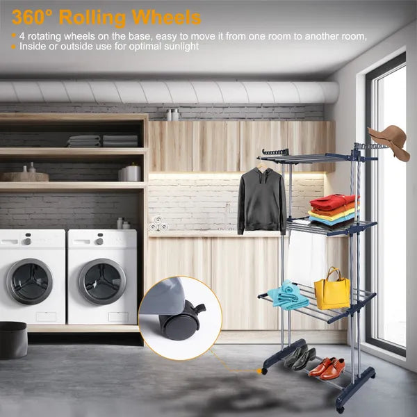 3-Tier Rolling Clothes Drying Rack Foldable Laundry Stand