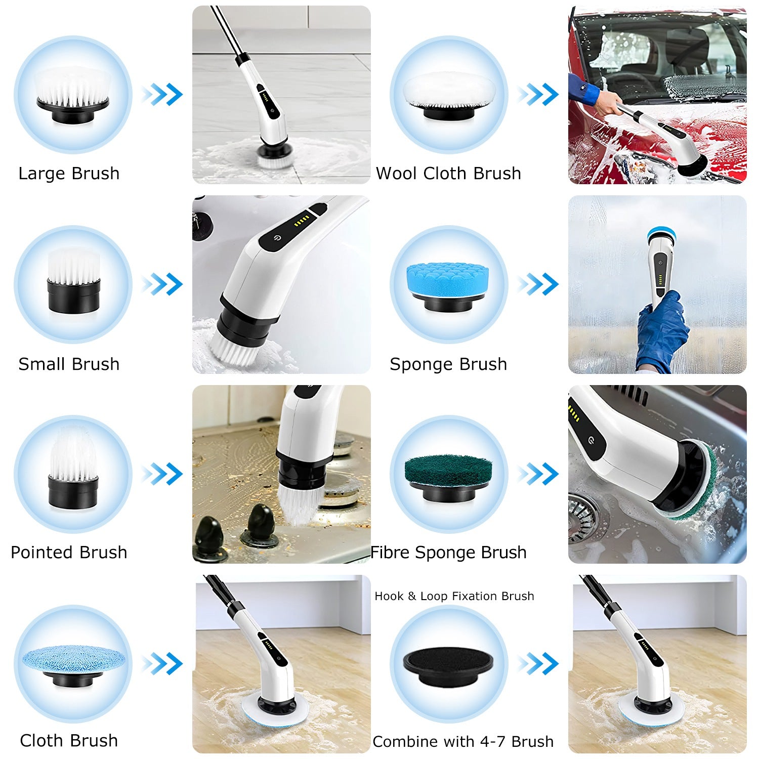 Electric Spin Scrubber Cordless Telescopic Cleaning Brush 8 Heads