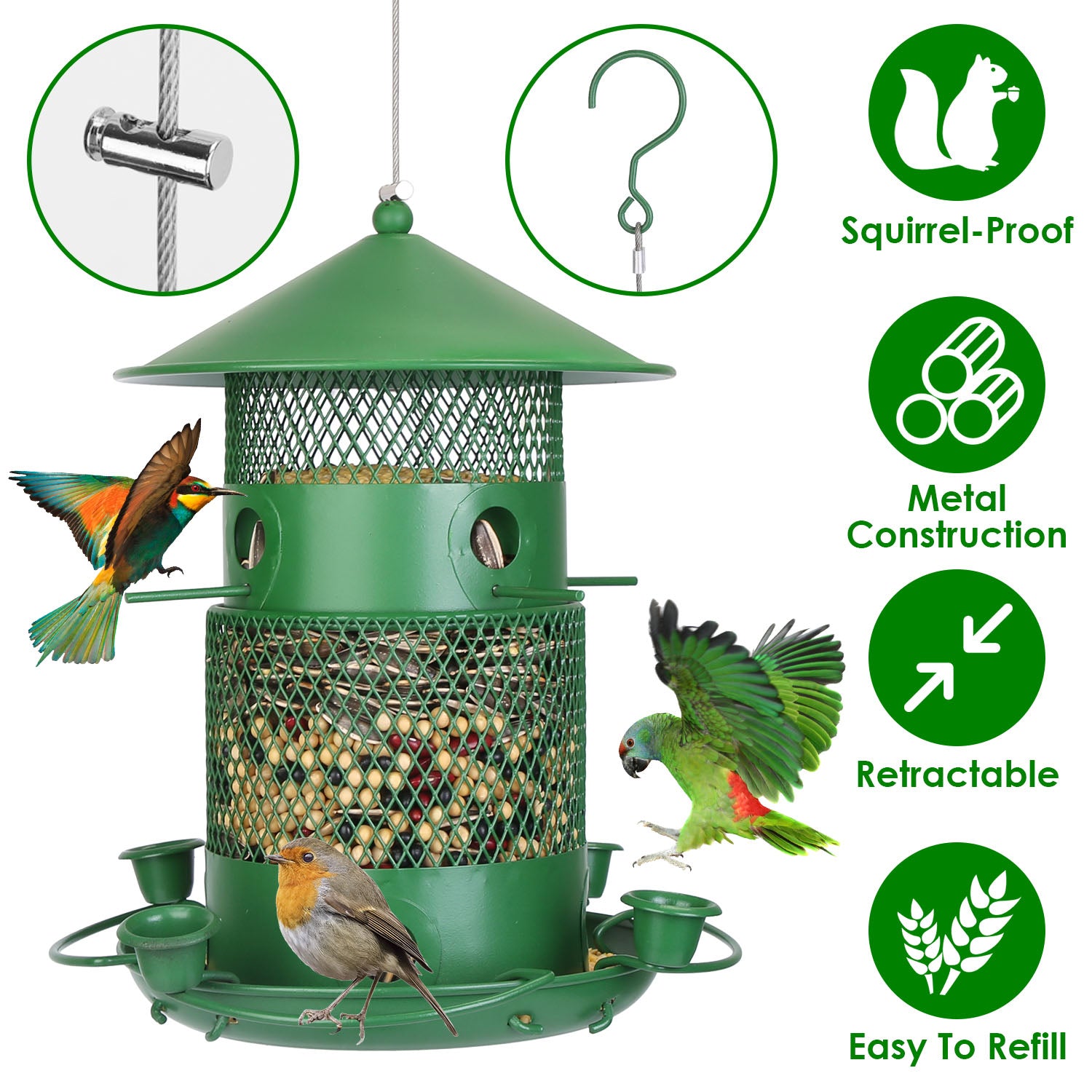 Large Squirrel Proof Hanging Bird Feeder Metal 6 Perch Garden