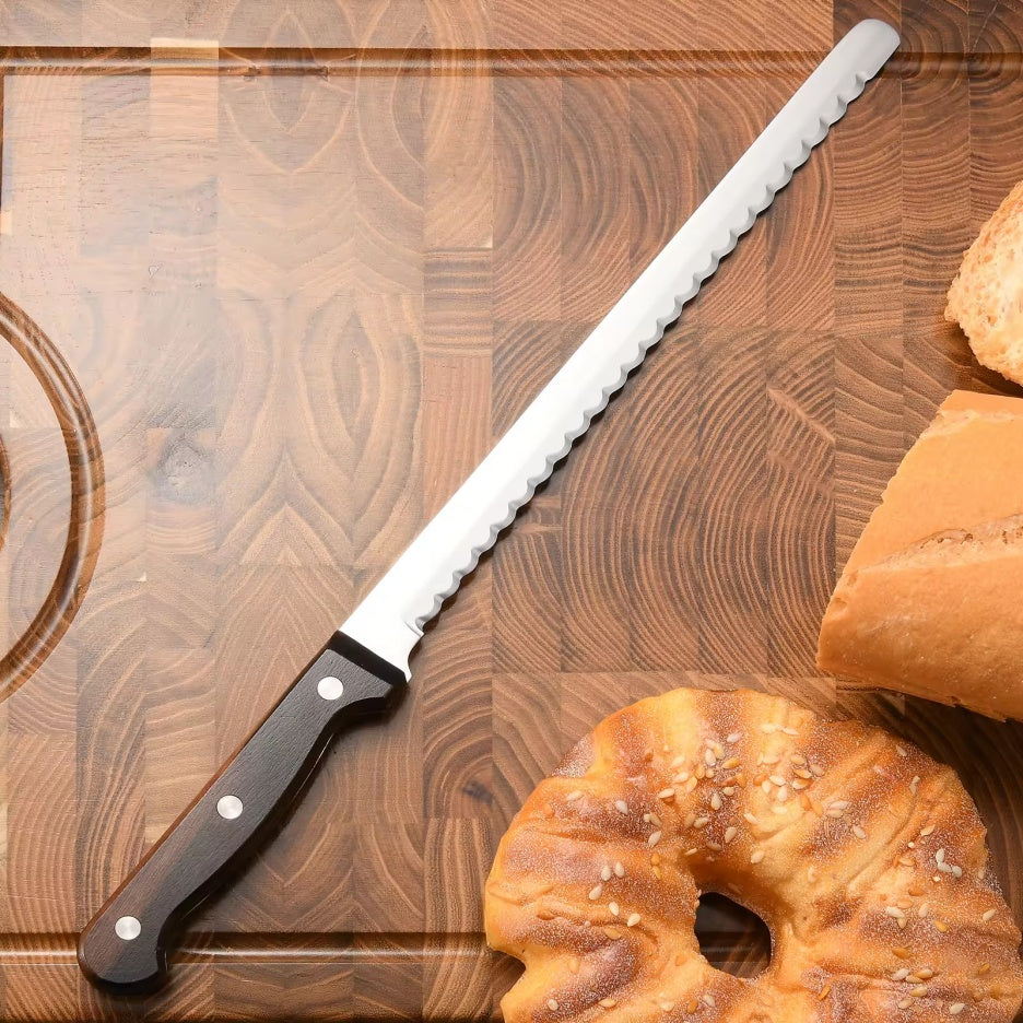 10-Inch Carbon Steel Bread Knife Wooden Handle Serrated Kitchen Tool