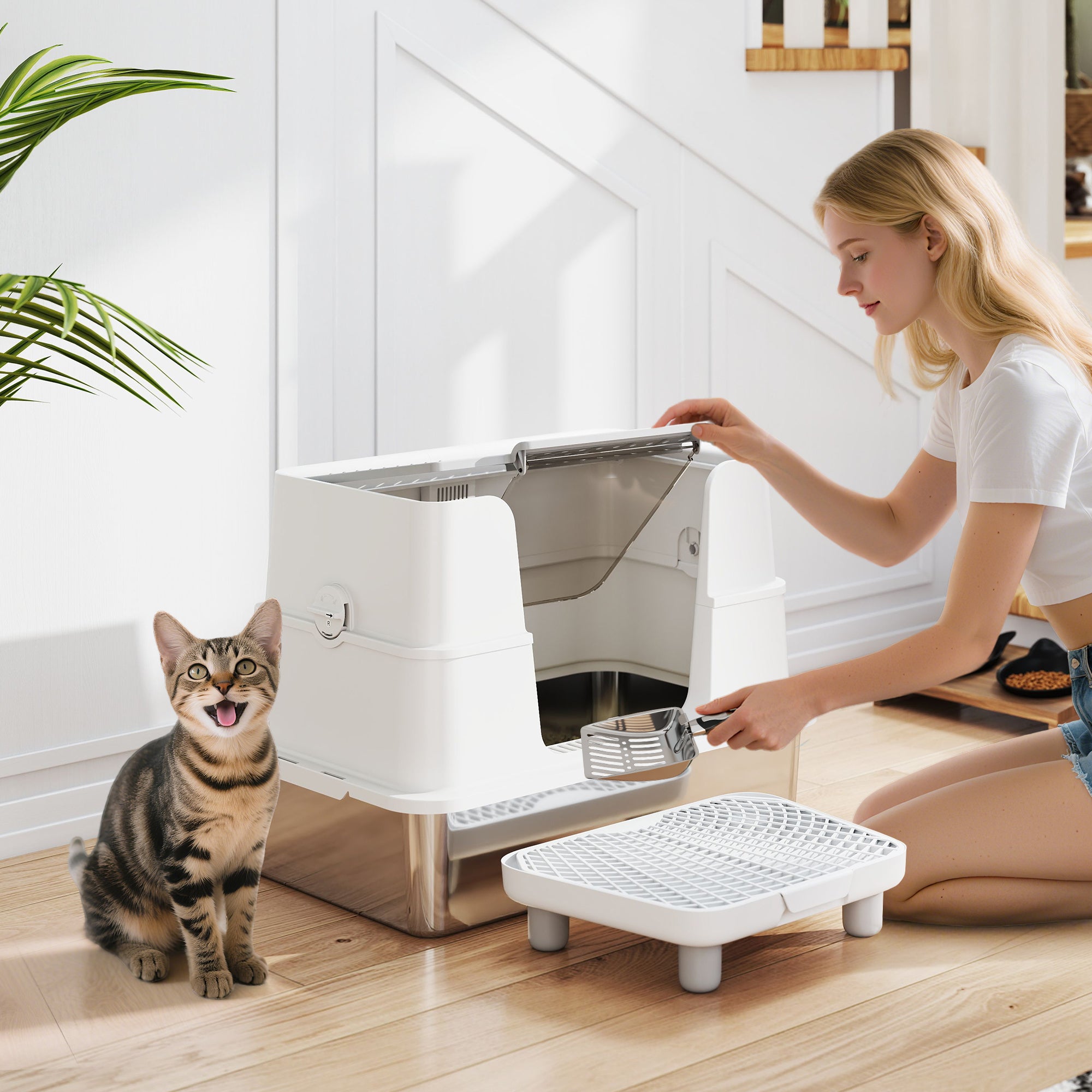 Premium XL Stainless Steel Cat Litter Box with Flip Top Enclosure