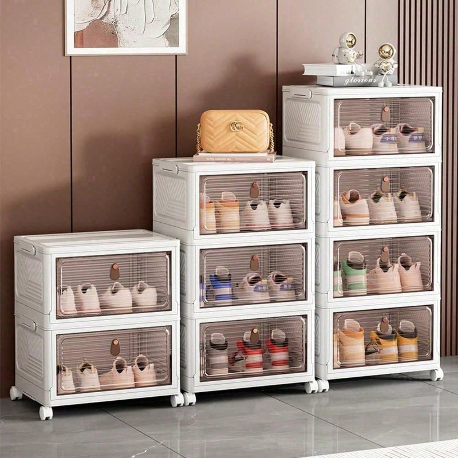 Stackable Shoe Storage Rack Plastic Cabinet Clear Door Organizer