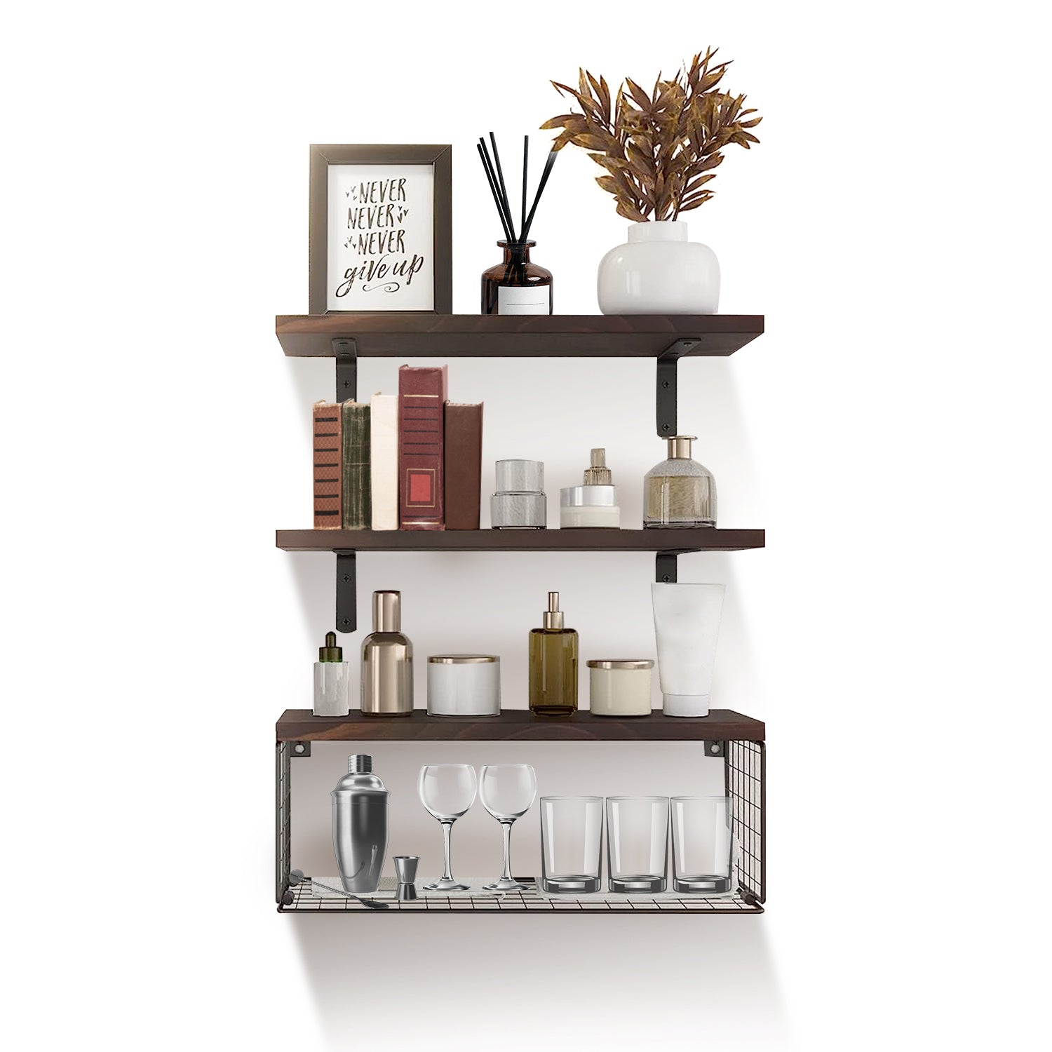 2-in-1 Rustic Floating Shelves with Storage Basket Wall Mounted