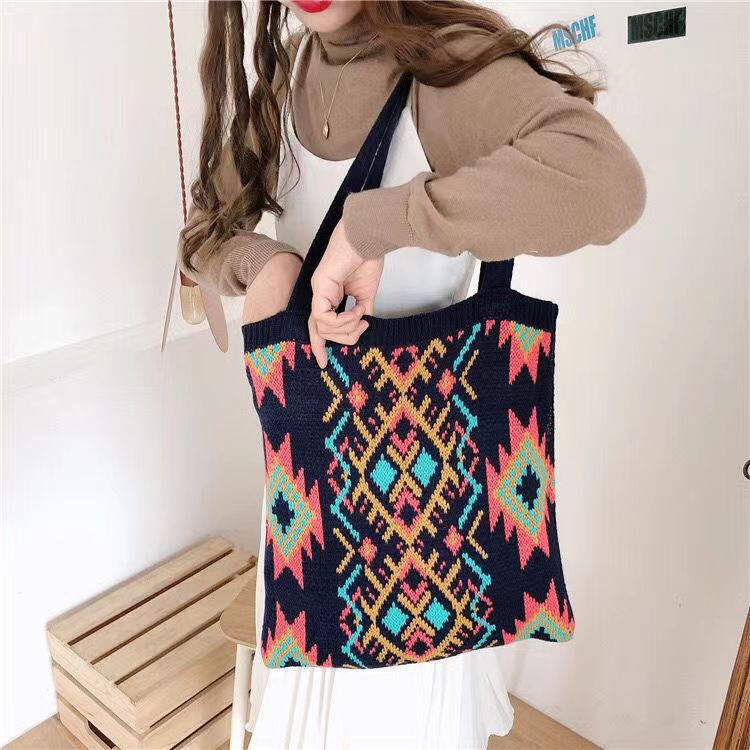Retro Ethnic Style Wool Woven Shoulder Bag All Matching Fashion Tote Bag