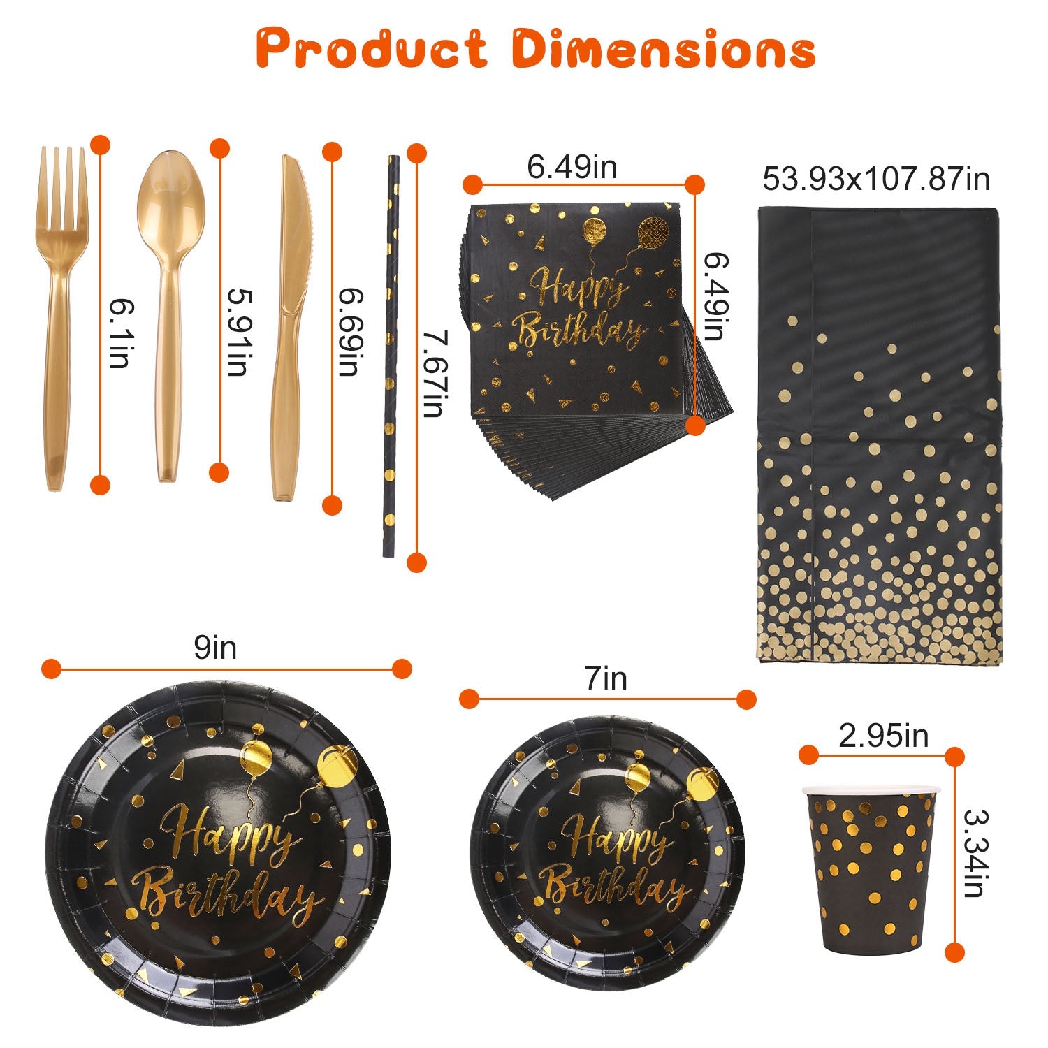 Black and Gold Birthday Party Dinnerware Set for 25 Guests