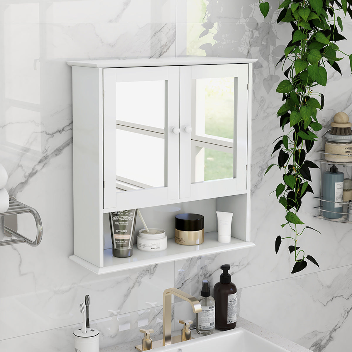 Bathroom Wall Cabinet with Double Mirror Doors & Shelf