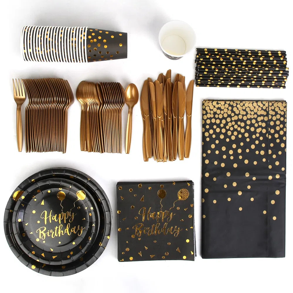 201PCS Black Gold Birthday Party Supplies Dinnerware Set