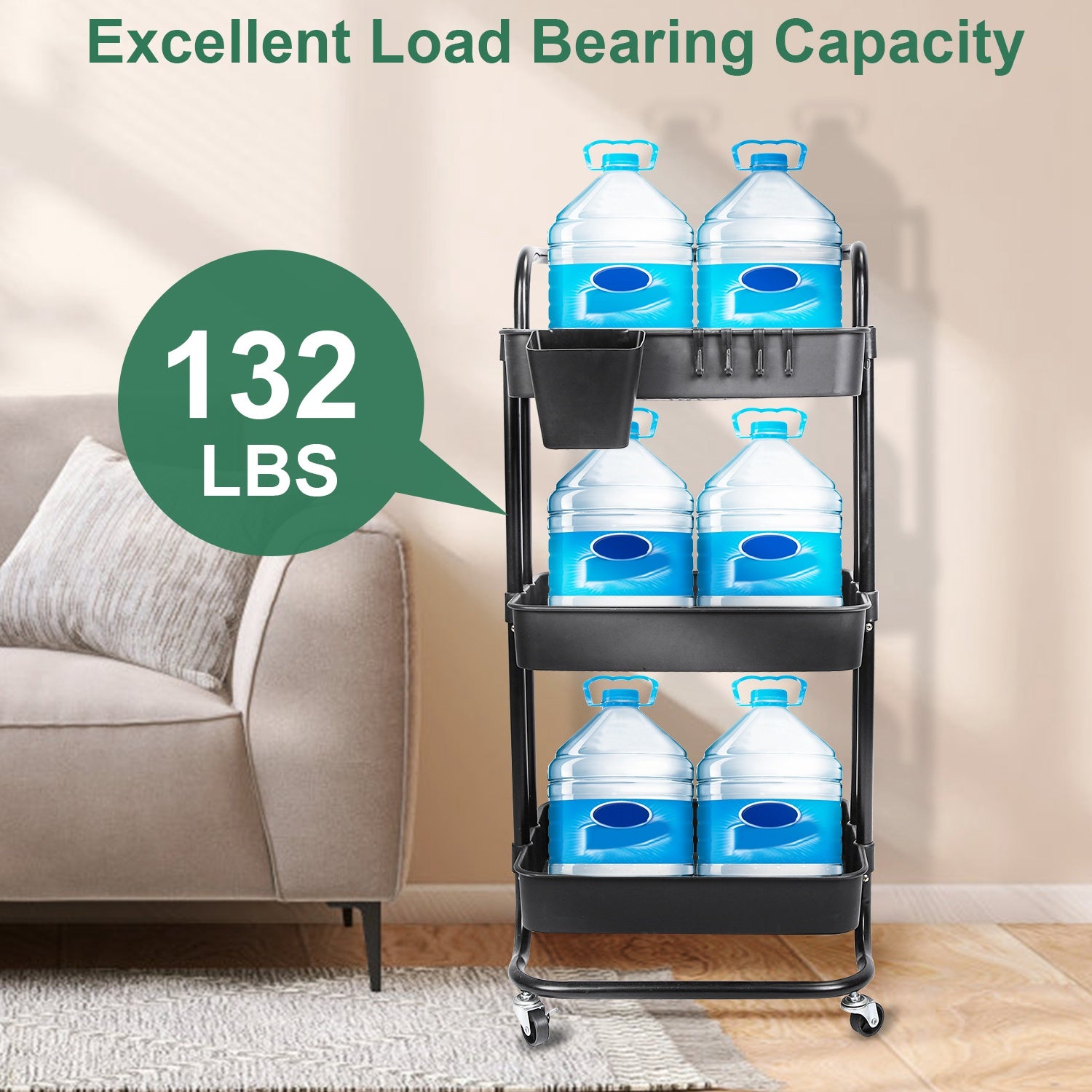 3 Tier Rolling Utility Cart with Mesh Baskets