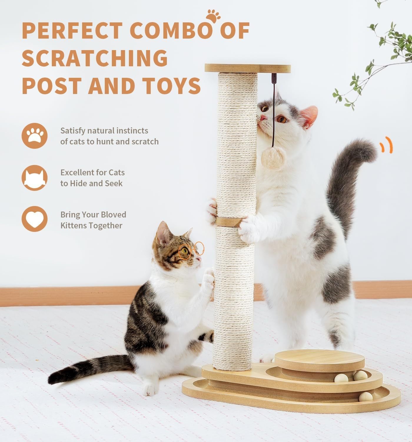 Interactive Cat Scratching Post with Ball Track Toy – Sisal Cat Scratcher for Indoor Cats