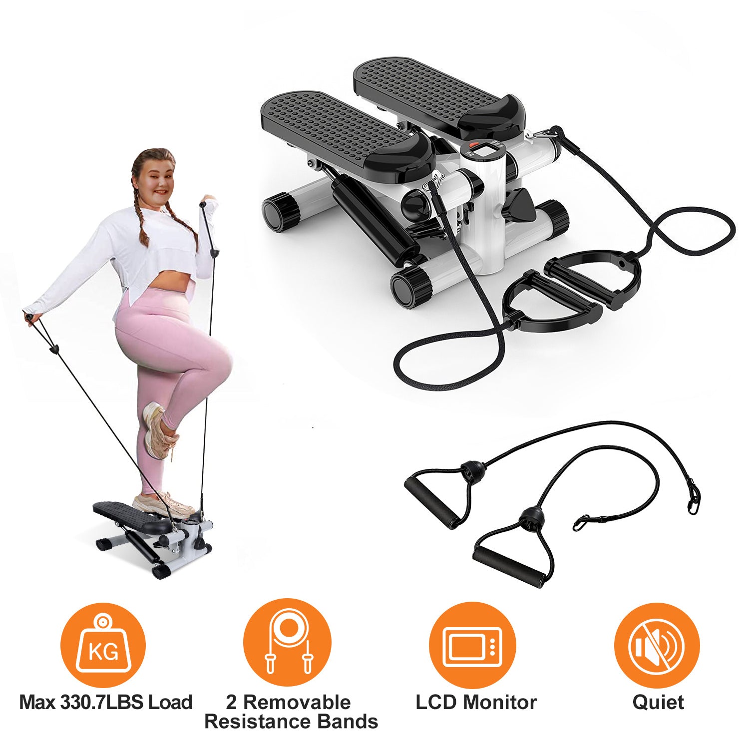 330.7lbs Capacity Mini Fitness Stepper with Resistance Bands LCD Monitor Stair Stepper