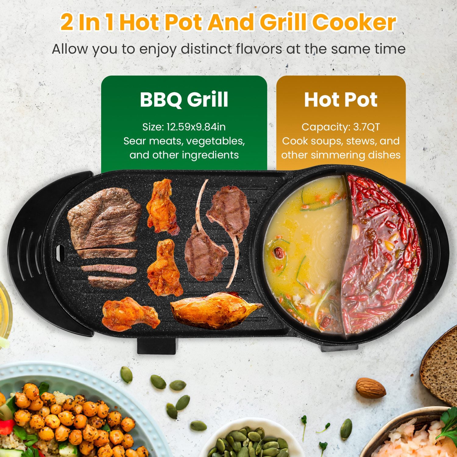 2-in-1 Electric Hot Pot with BBQ Grill 2200W Non-Stick