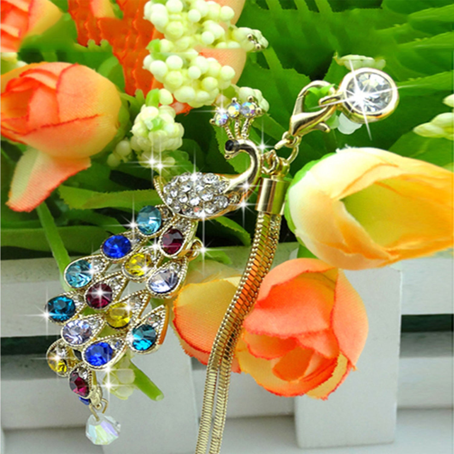 Crystal Diamond Peacock Phone Dust Cap 3.5mm Jack Pendant