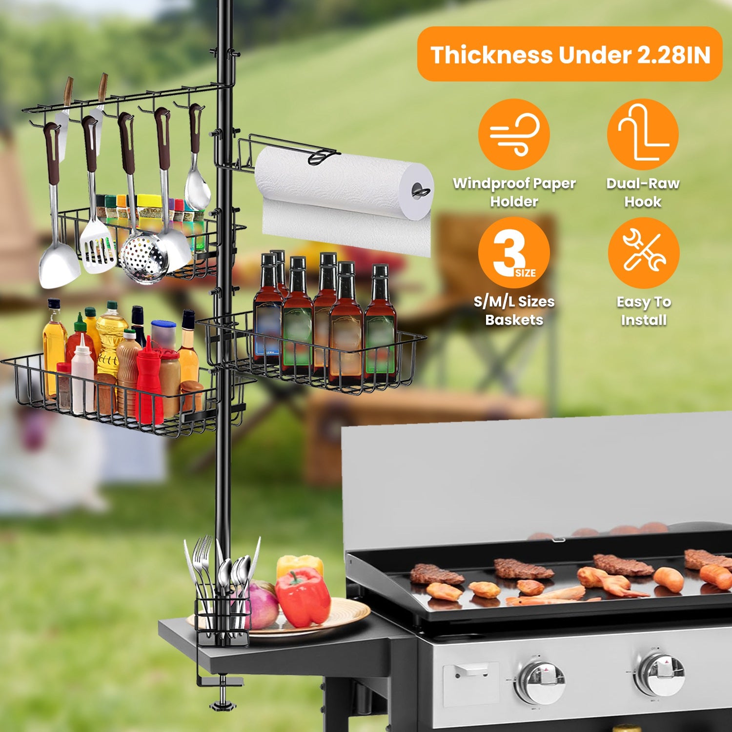 BBQ Griddle Caddy Organizer with Paper Towel Holder and Hooks