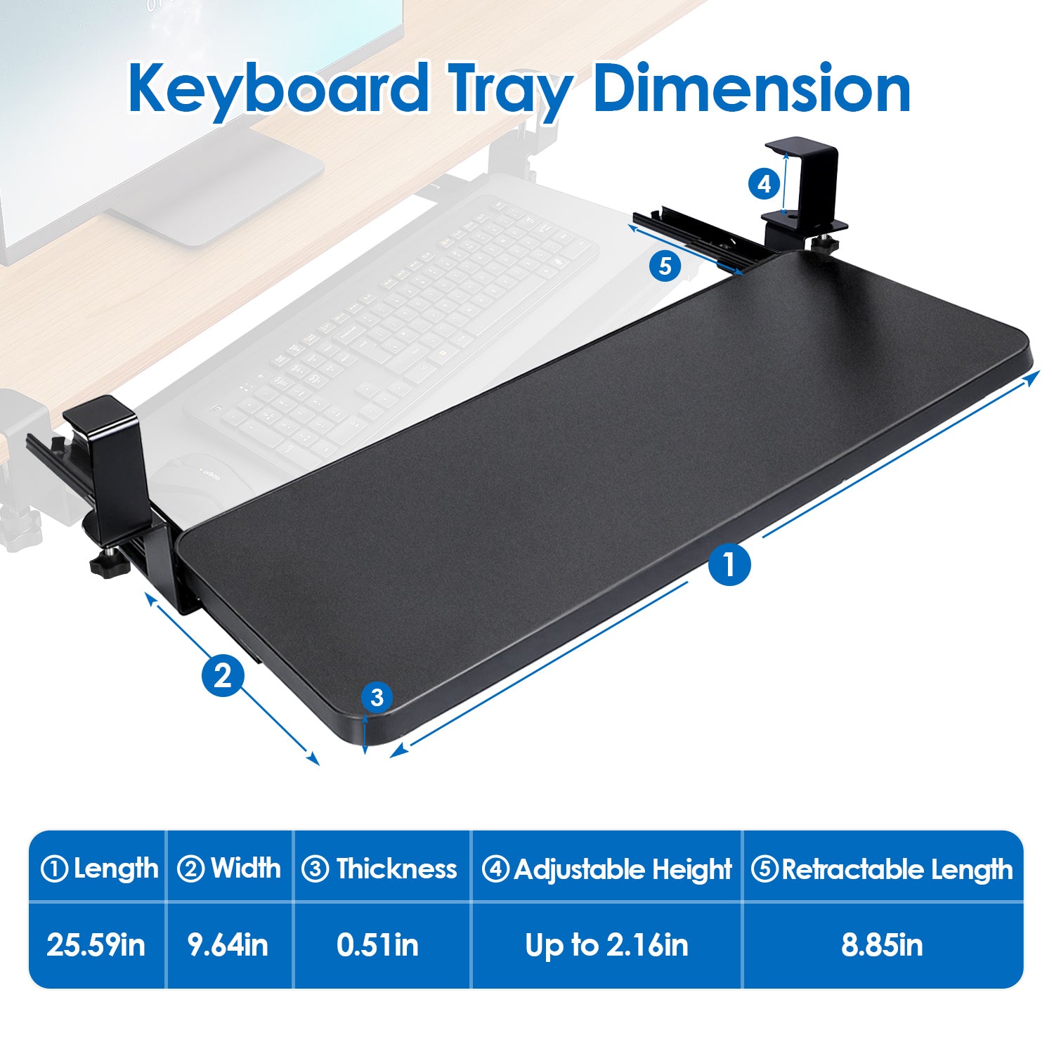 Under Desk Keyboard Tray Retractable Slide Out Drawer Clamp