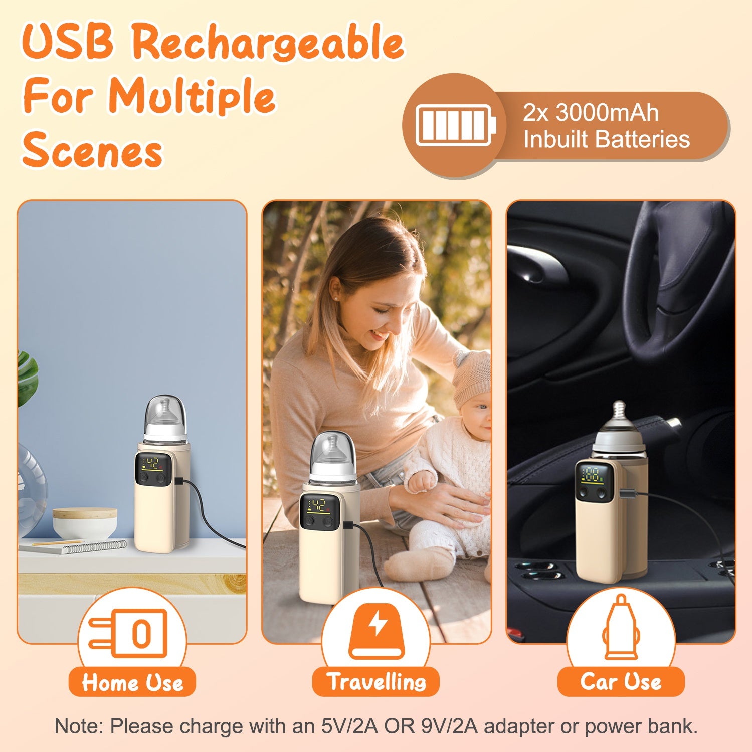 Portable Baby Bottle Warmer USB Rechargeable 6 Temperature
