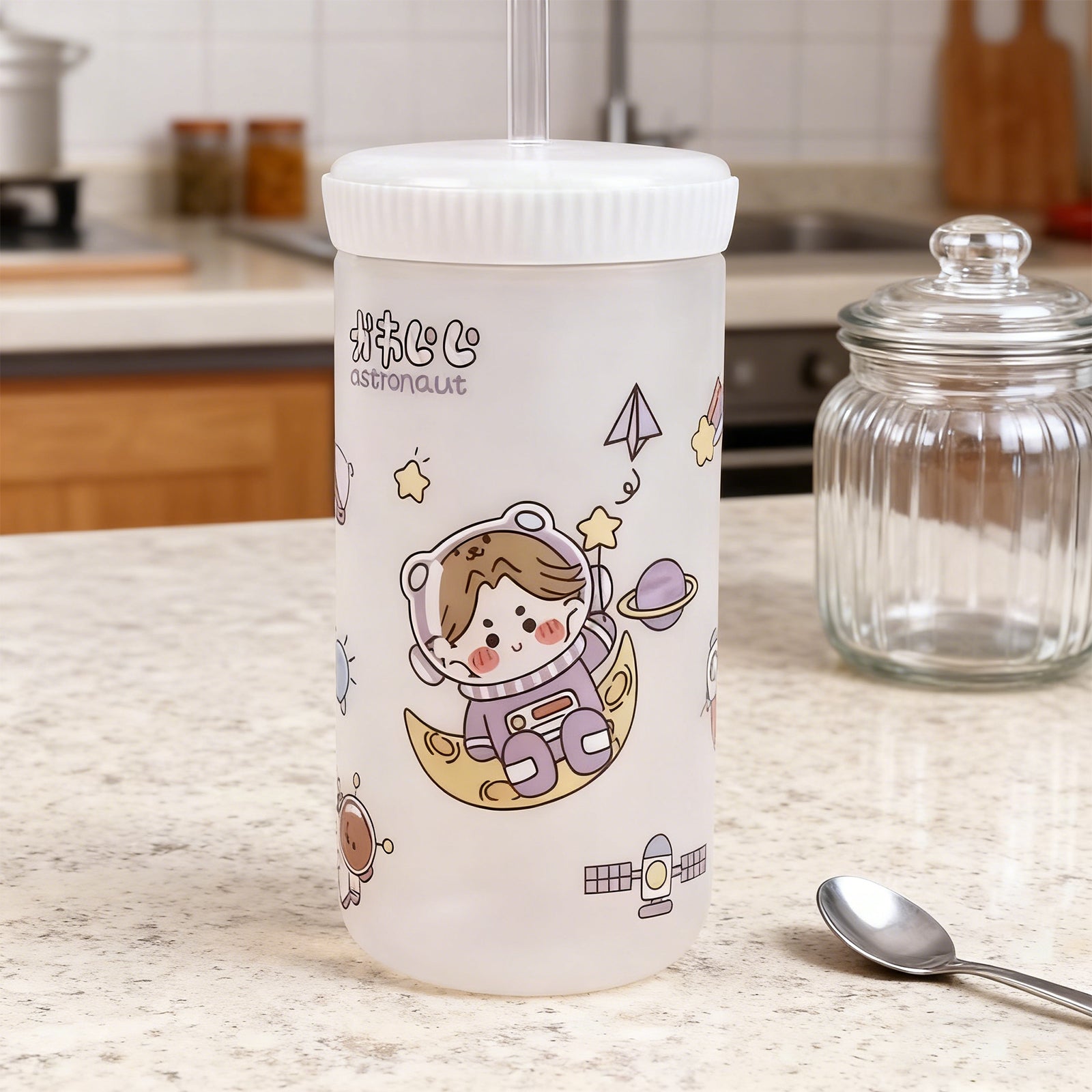 500ml Cartoon Straw Water Bottle White Kids Drink Bottle