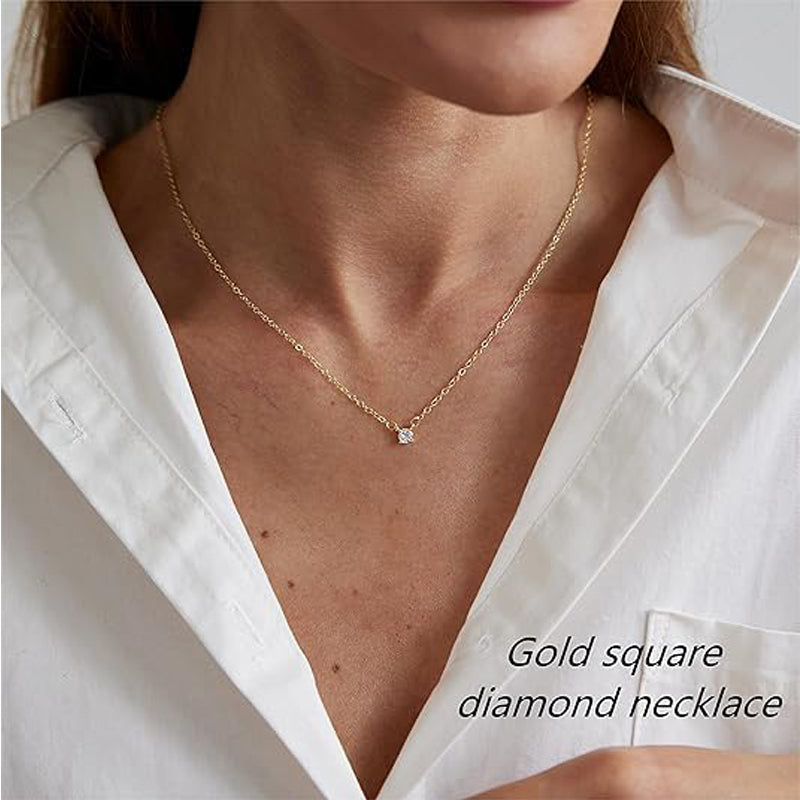 Luxury Solitaire Pendant Necklace 14K Gold Zircon Choker