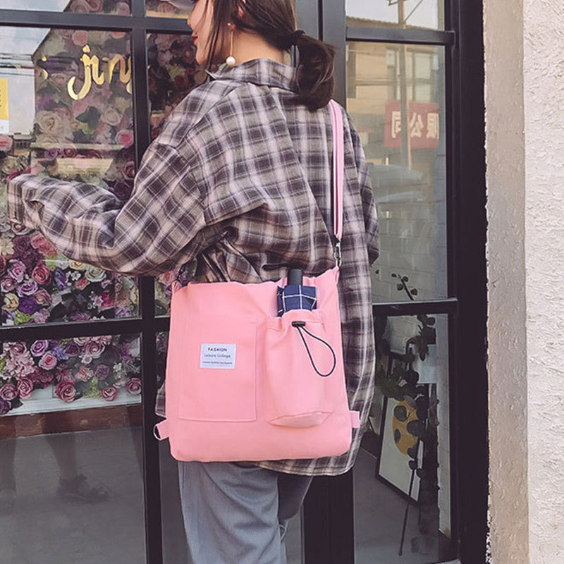 Canvas Student Shoulder Bag with Pockets Preppy Backpack Style School Bag for Women