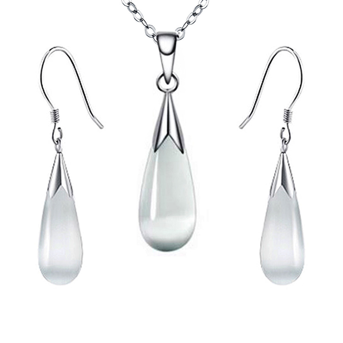 Luxury Moonstone Jewelry Set 14K White Gold Pendant Earrings