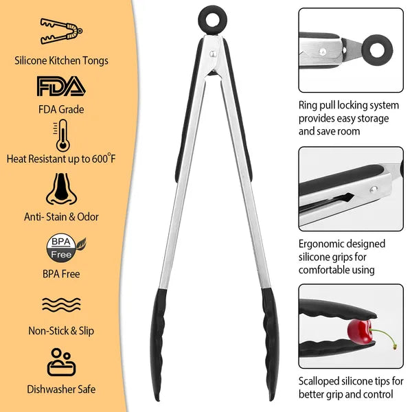 3Pcs Silicone Kitchen Tongs Set Stainless Steel BBQ Cooking Tools