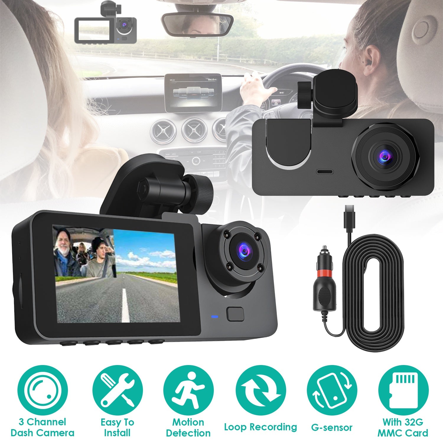 3 Channel Car Camera 1080P Dash Cam with 32GB Card