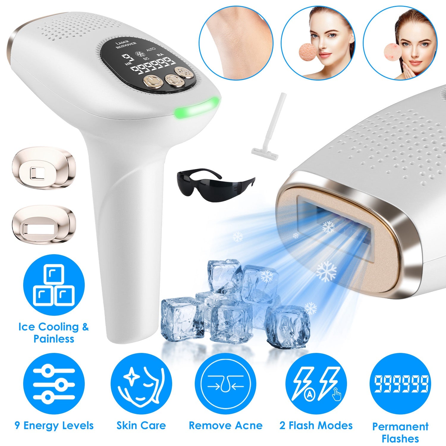 3-in-1 IPL Hair Removal Device with Ice Cooling and 9 Levels