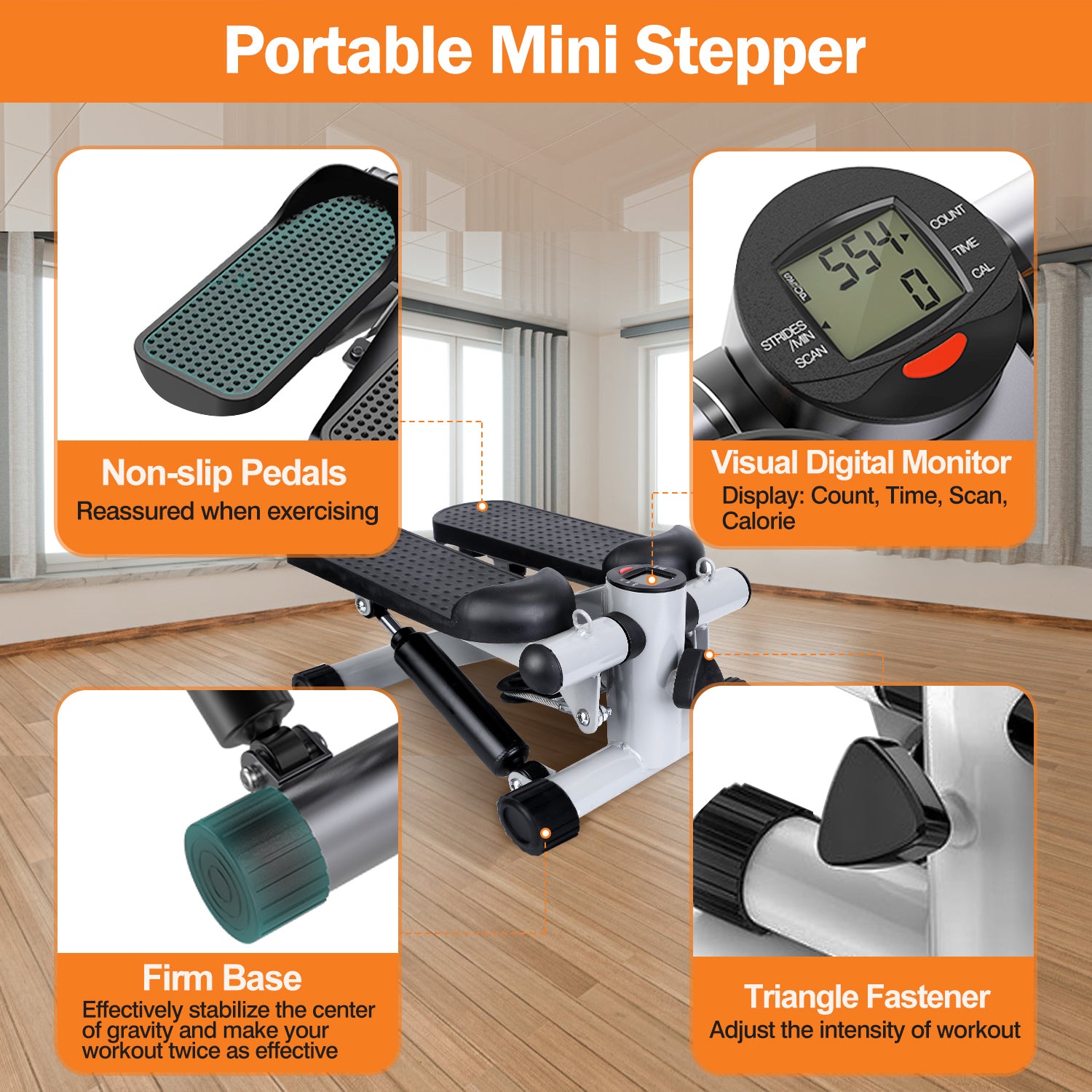 330.7lbs Capacity Mini Fitness Stepper with Resistance Bands LCD Monitor Stair Stepper