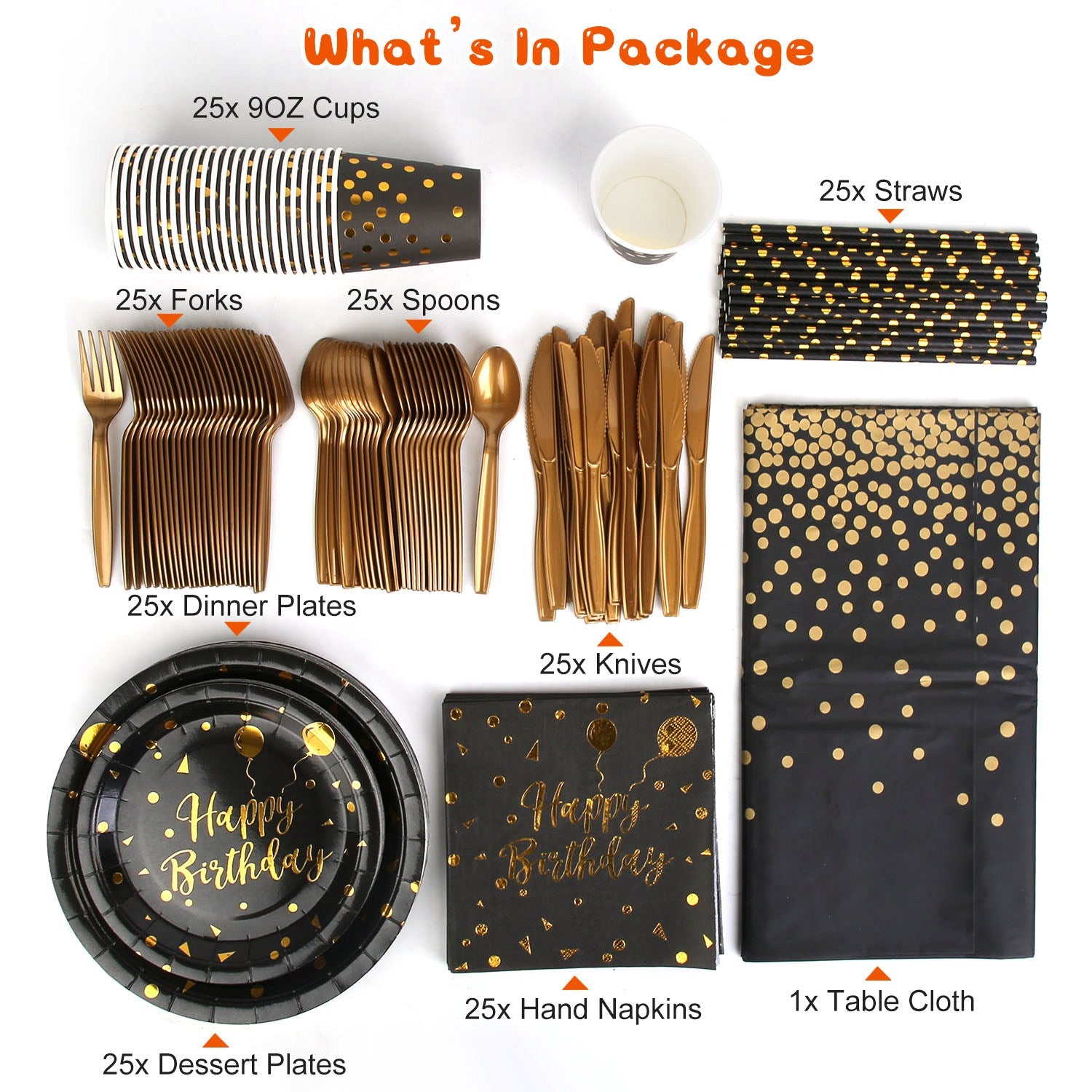 Black and Gold Birthday Party Dinnerware Set for 25 Guests