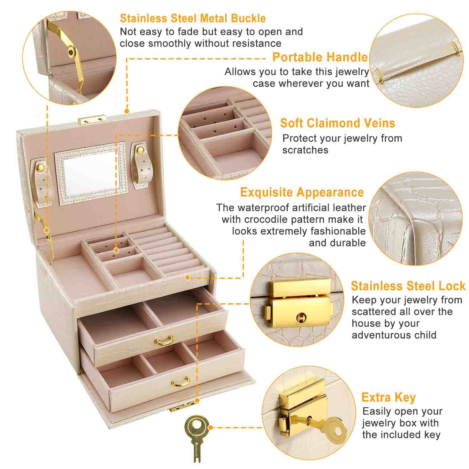 3 Layer Lockable Jewelry Case Organizer Travel Storage Box