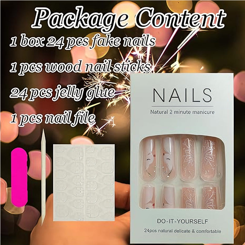 24 PCS Diamond Deer Snowflake Long Fake Nails