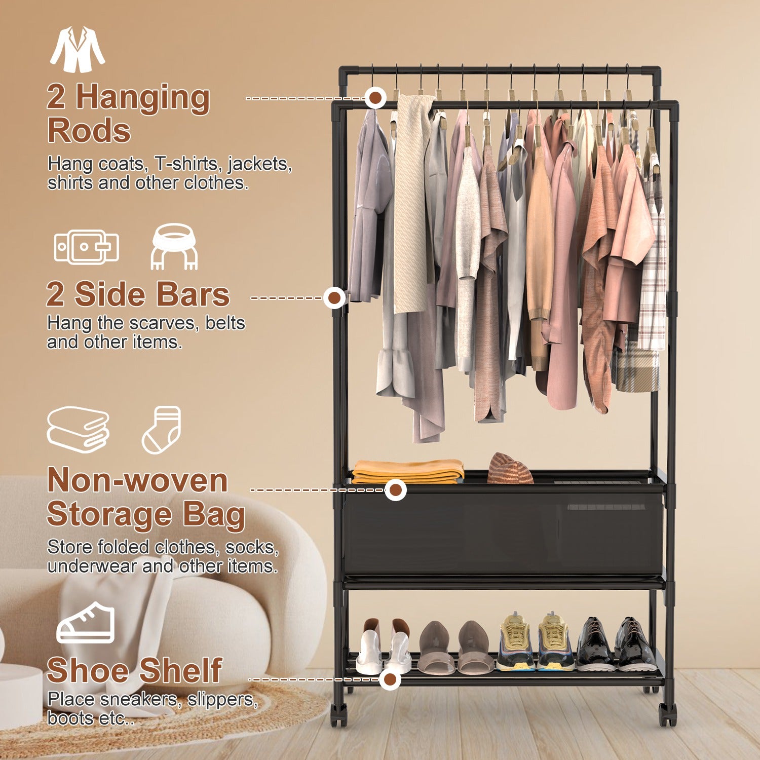 Adjustable Double Rod Garment Rack with Shelves & Wheels
