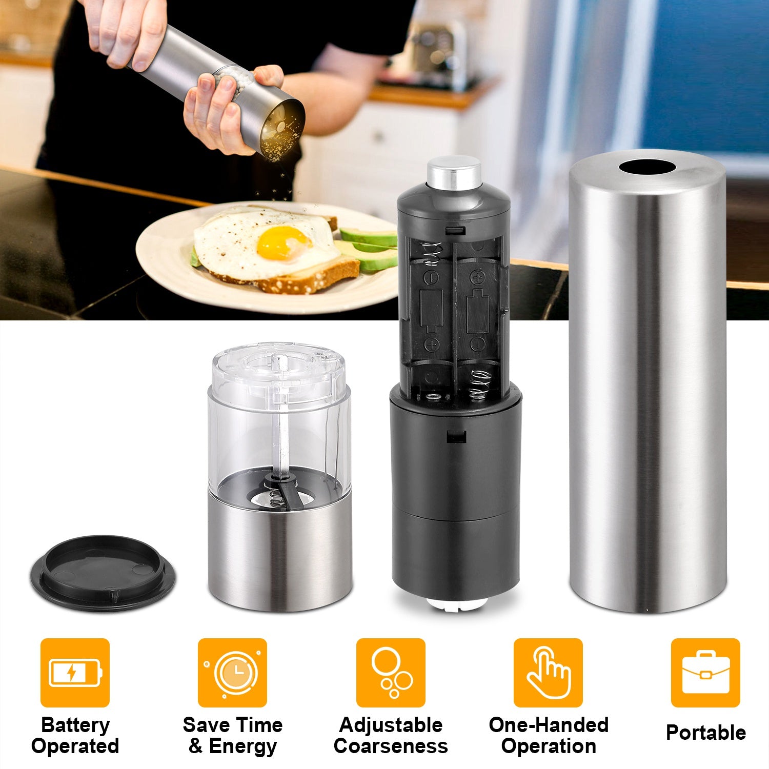 Electric Salt Pepper Grinder Adjustable Stainless Steel Mill
