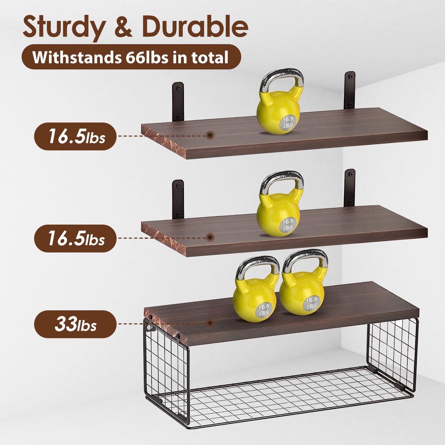 2-in-1 Rustic Floating Shelves with Storage Basket Wall Mounted