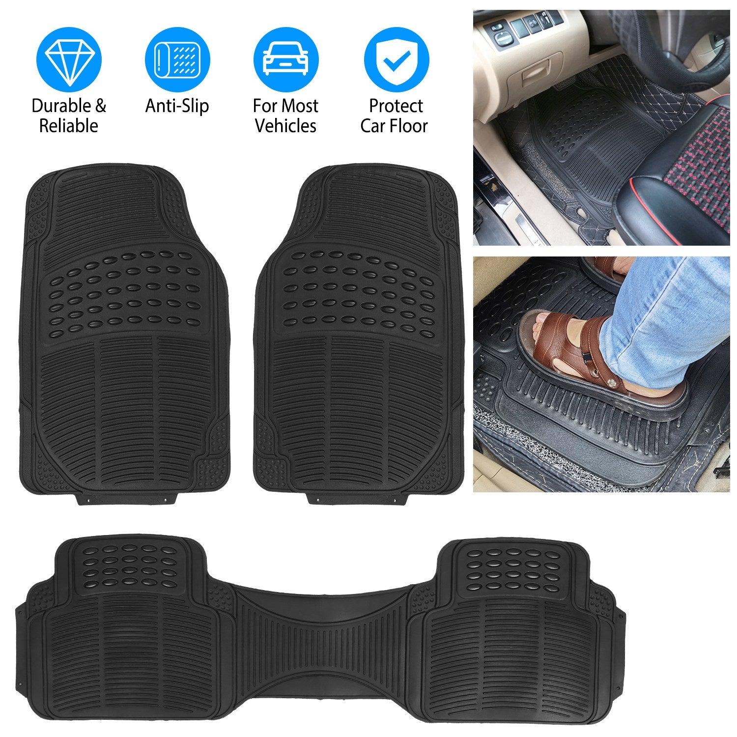 3PCS Heavy Duty Car Floor Mats PVC Trim-to-Fit Anti-Slip Set