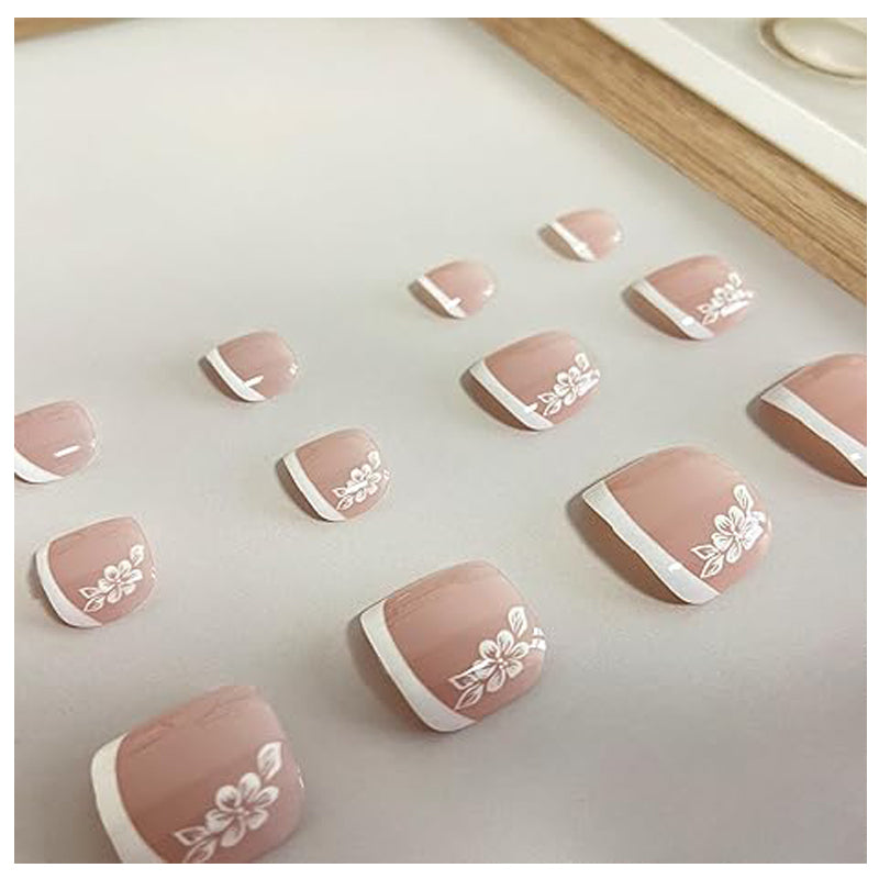 24PCS White Flower French Tip Press On Toenails for Women