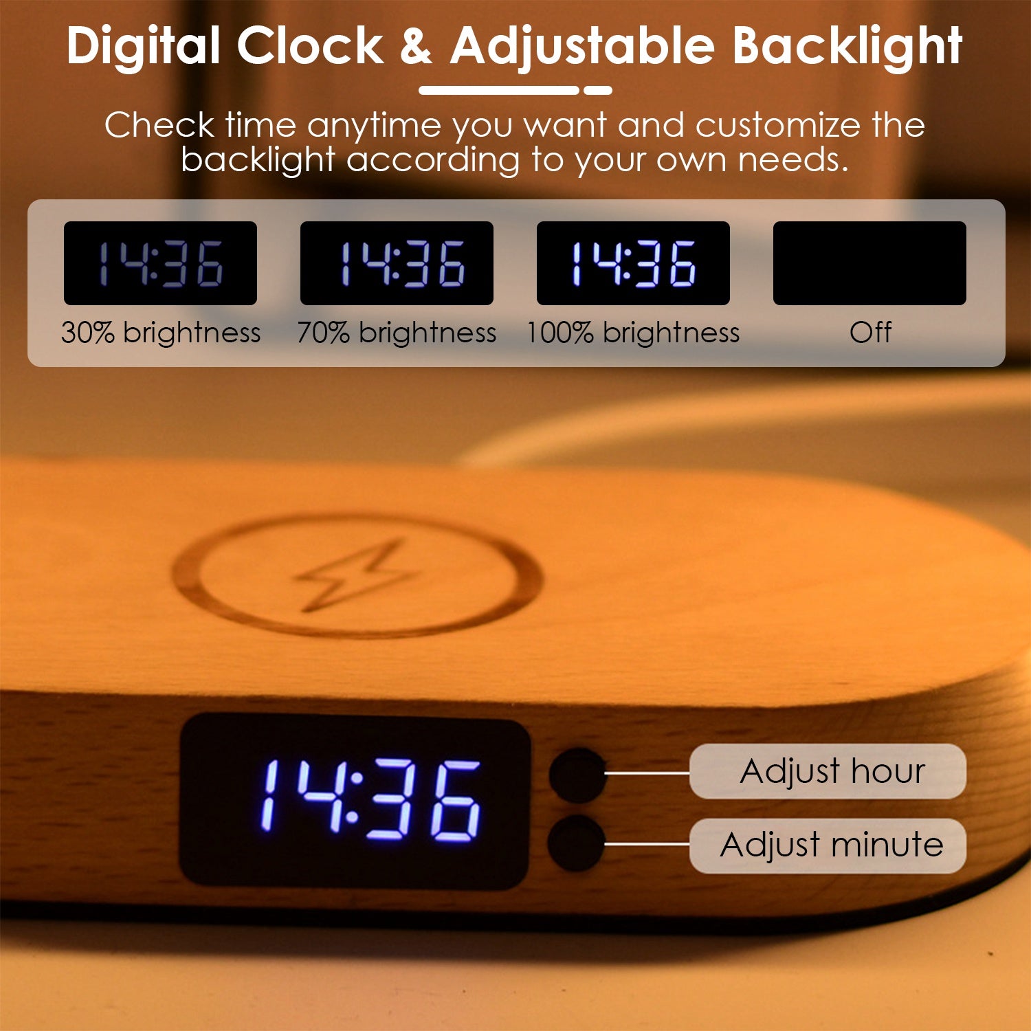 LED Touch Control Bedside Table Lamp with Clock Wireless Charger