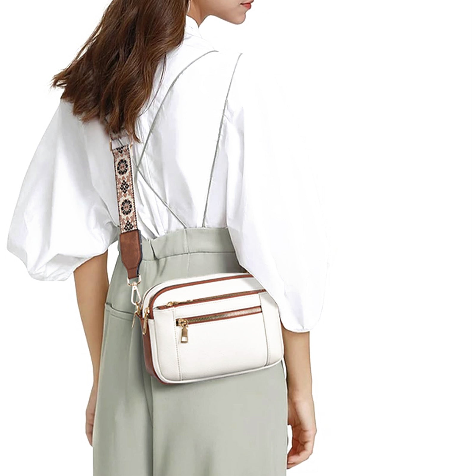 Triple Zipper Shoulder Bag Colorblock Crossbody with Floral Strap for Women