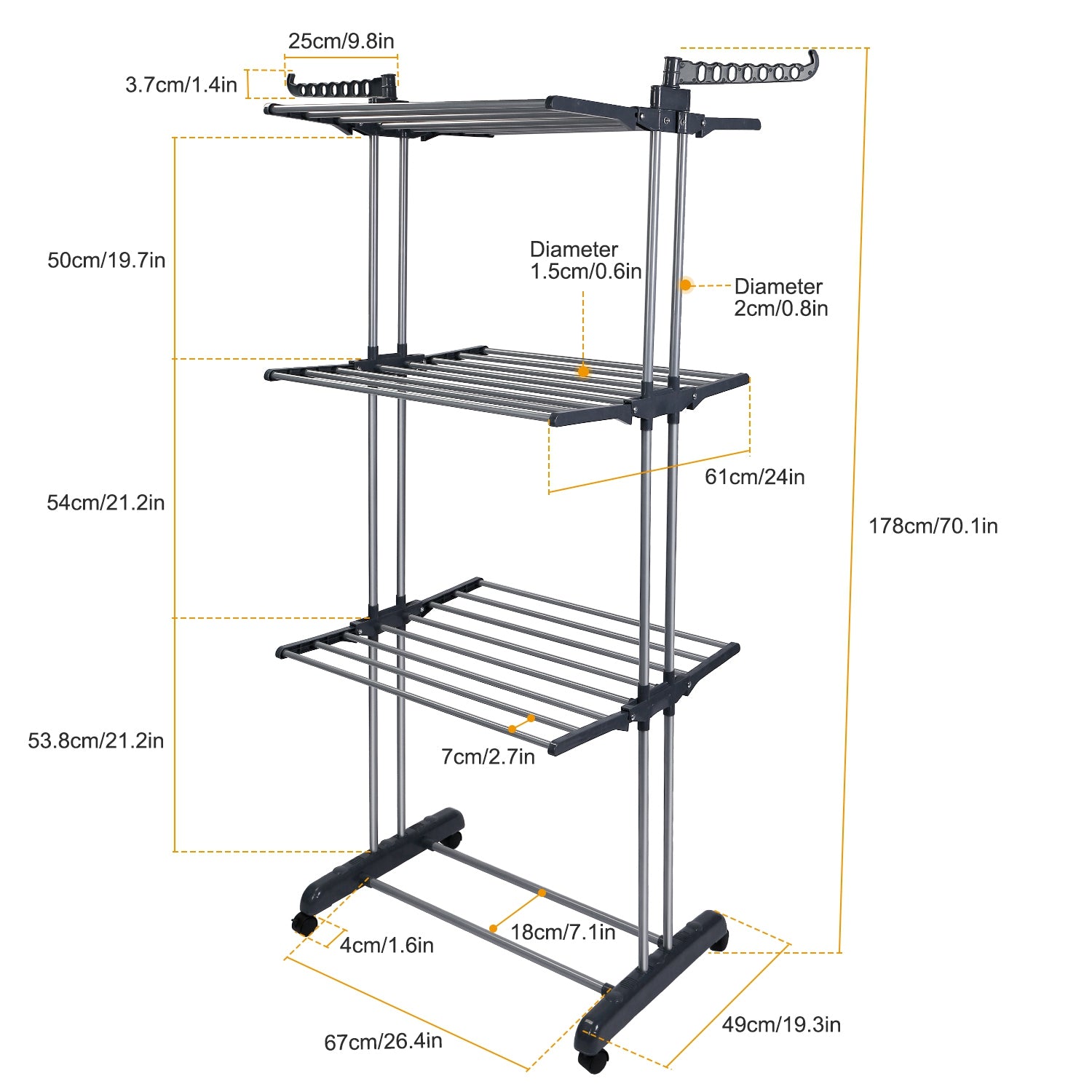 Heavy Duty 3-Tier Clothes Drying Rack with Wheels & Side Wings
