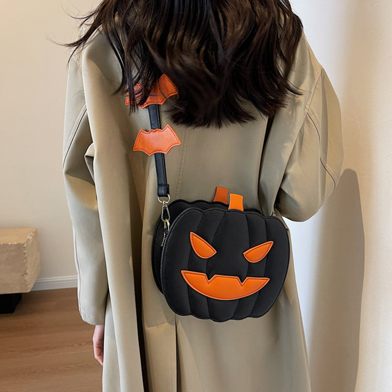 Halloween Pumpkin Cartoon Crossbody Bag with Bat Fun Shoulder Bag for Women