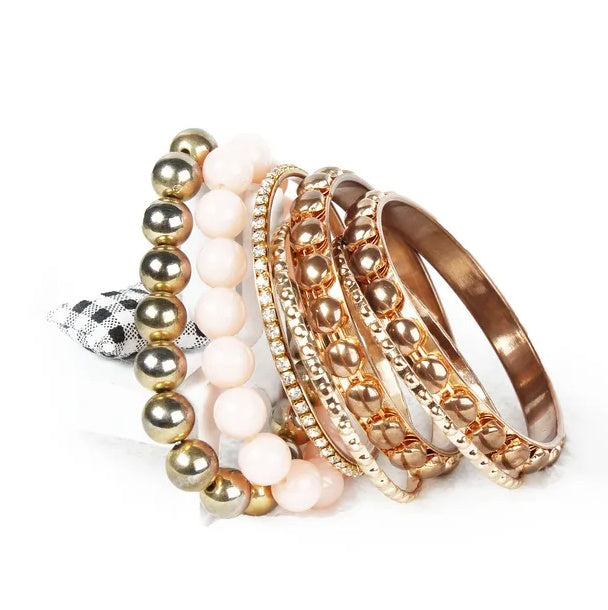 Elegant 7Pc Gold Bangle Bracelet Set Rhinestone Retro Jewelry