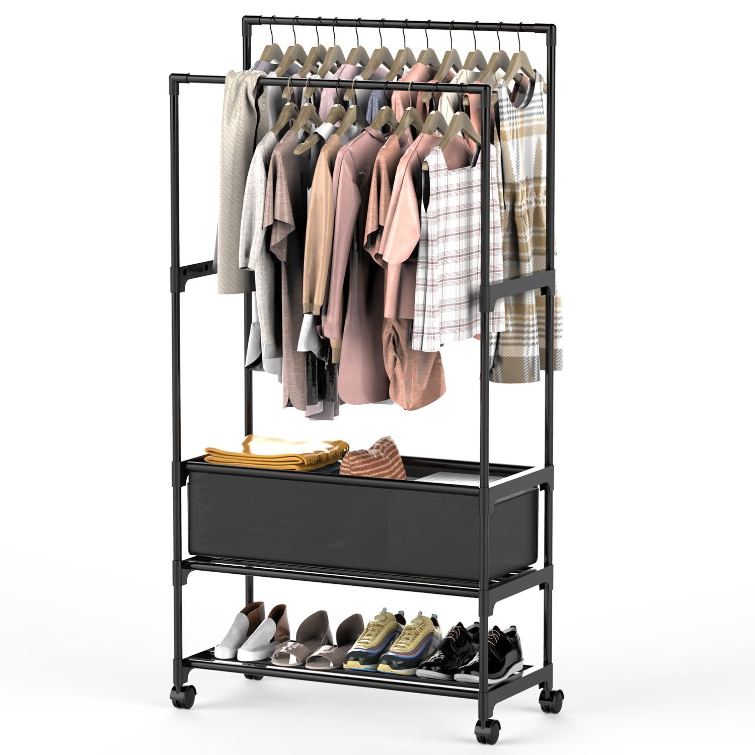 Adjustable Double Rod Garment Rack with Shelves & Wheels