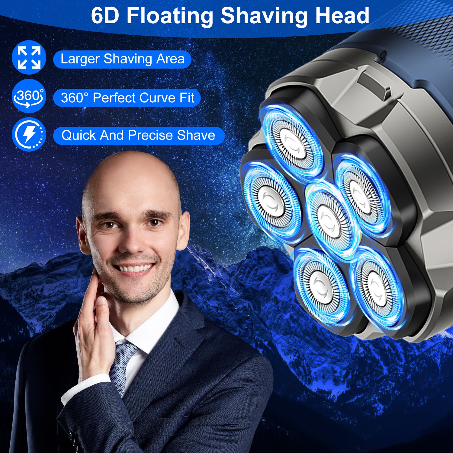 Cordless Electric Head Shaver for Men 6D Waterproof LED Trimmer