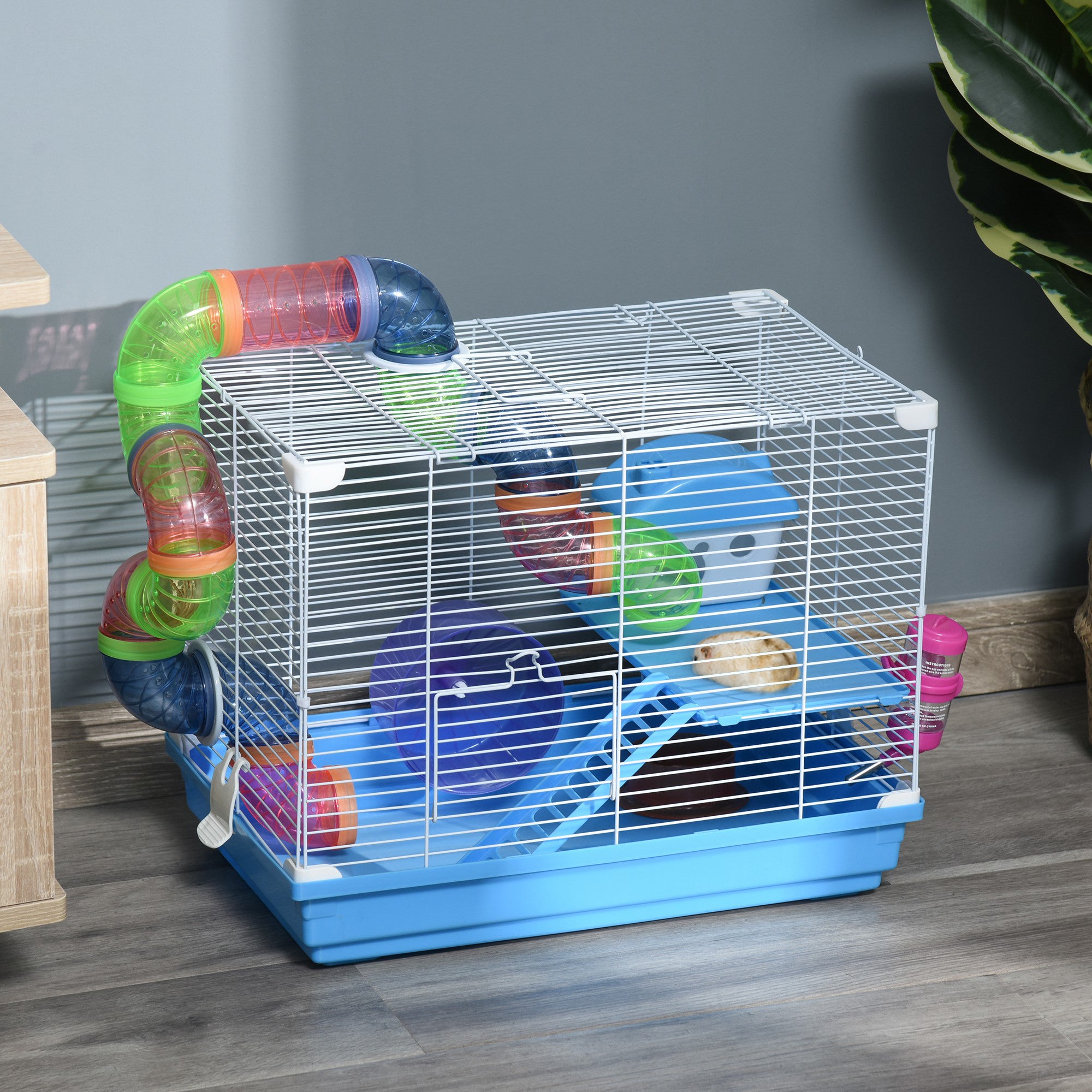 2-Level Hamster Cage with Exercise Wheel & Play Tubes – Small Animal Habitat for Rodents