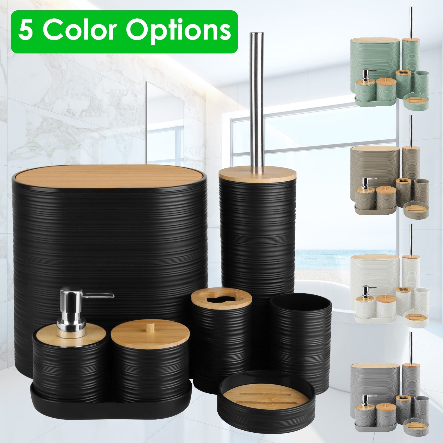 8 Piece Bathroom Accessories Set with Bamboo Lid & Organizer